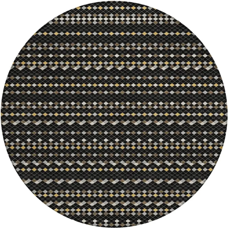 8' Black And Taupe Round Striped Washable Indoor Outdoor Area Rug