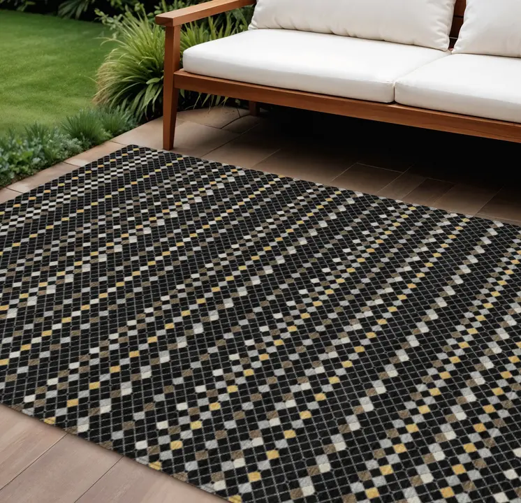 10' X 14' Black And Taupe Striped Washable Indoor Outdoor Area Rug
