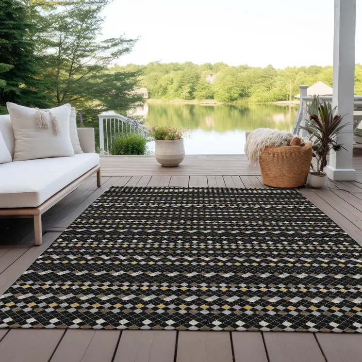 10' X 14' Black And Taupe Striped Washable Indoor Outdoor Area Rug