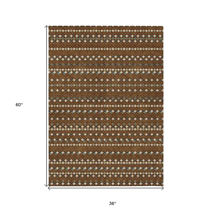 3' X 5' Brown And Gray Striped Washable Indoor Outdoor Area Rug