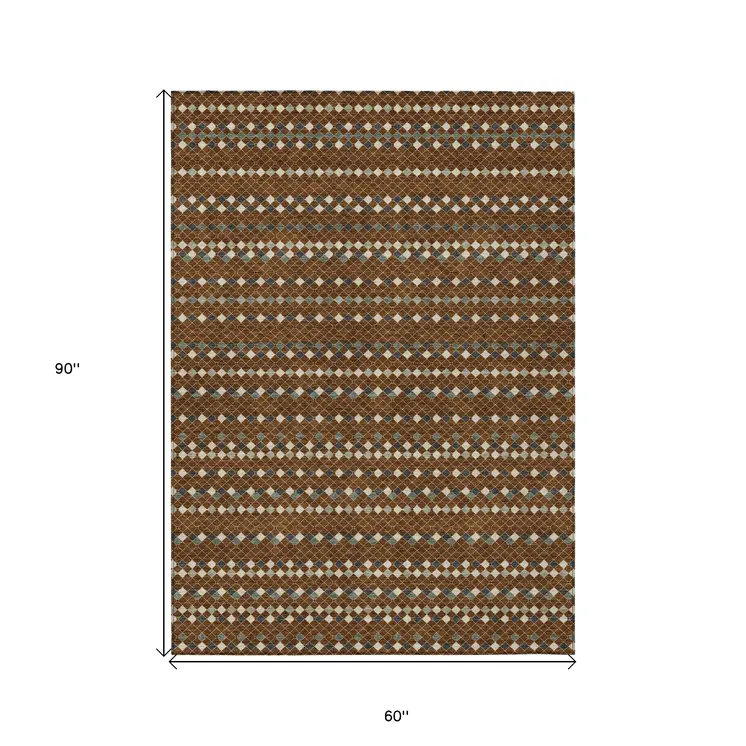 5' X 8' Brown And Gray Striped Washable Indoor Outdoor Area Rug