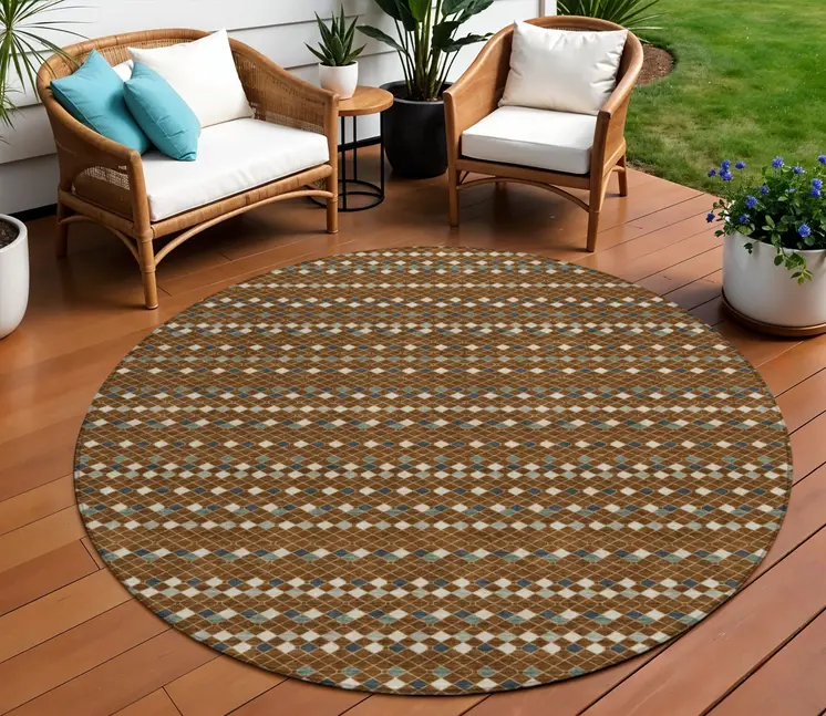 8' Brown And Gray Round Striped Washable Indoor Outdoor Area Rug