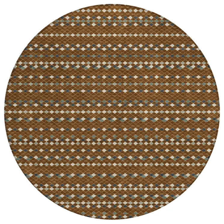 8' Brown And Gray Round Striped Washable Indoor Outdoor Area Rug