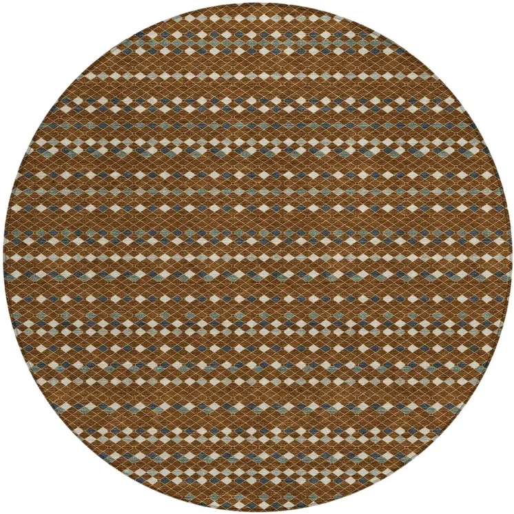 8' Brown And Gray Round Striped Washable Indoor Outdoor Area Rug