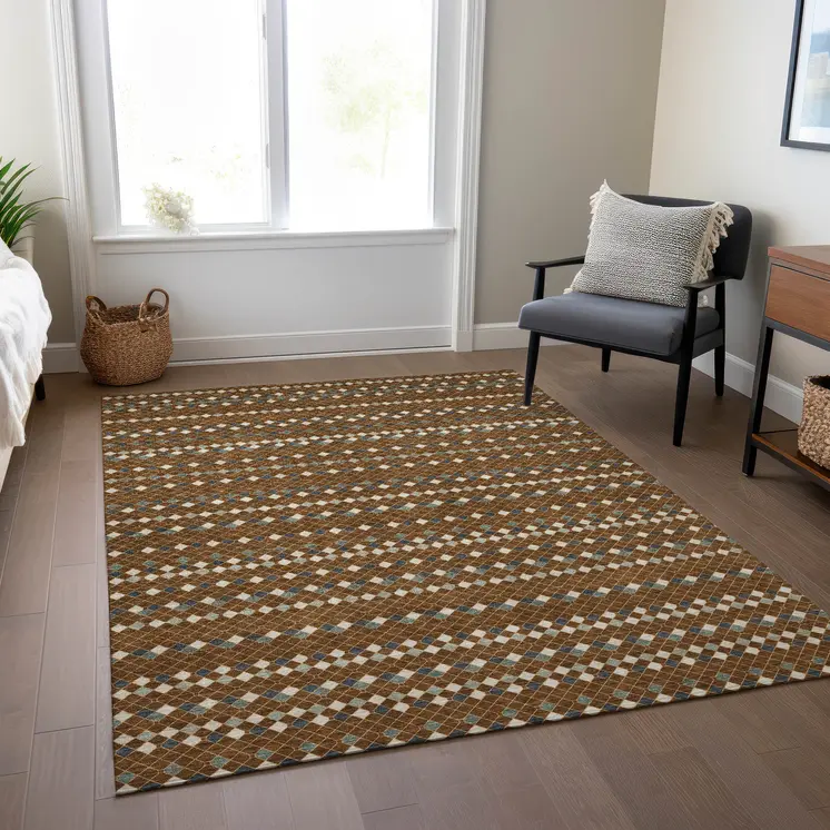 8' X 10' Brown And Gray Striped Washable Indoor Outdoor Area Rug