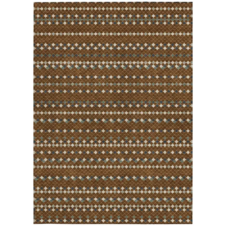 9' X 12' Brown And Gray Striped Washable Indoor Outdoor Area Rug