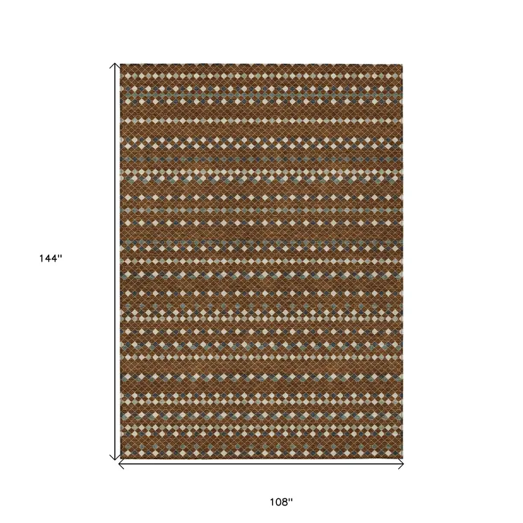 9' X 12' Brown And Gray Striped Washable Indoor Outdoor Area Rug