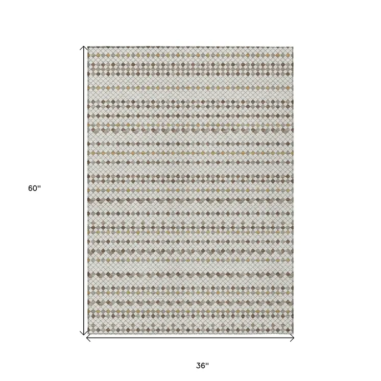 3' X 5' Ivory And Brown Striped Washable Indoor Outdoor Area Rug
