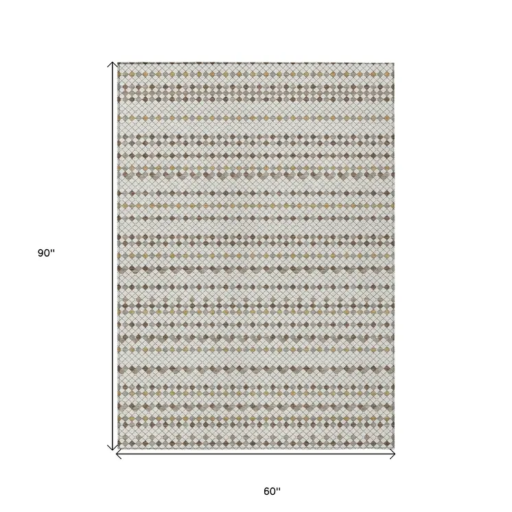 5' X 8' Ivory And Brown Striped Washable Indoor Outdoor Area Rug
