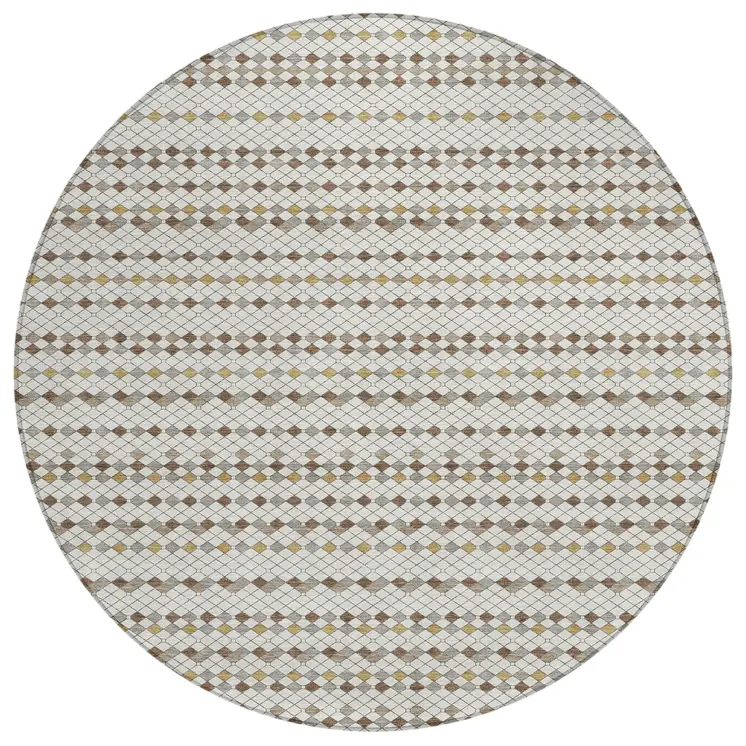 8' Ivory And Brown Round Striped Washable Indoor Outdoor Area Rug