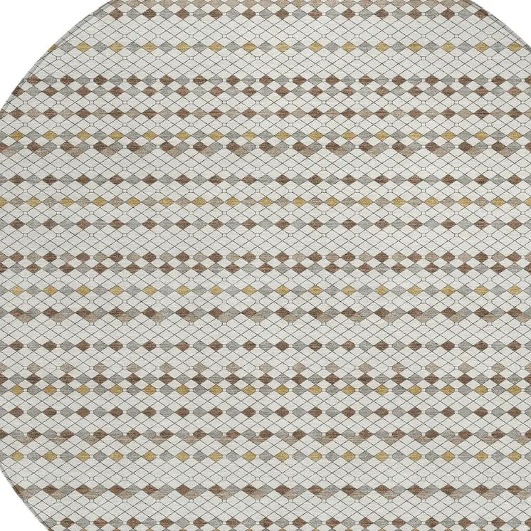 8' Ivory And Brown Round Striped Washable Indoor Outdoor Area Rug