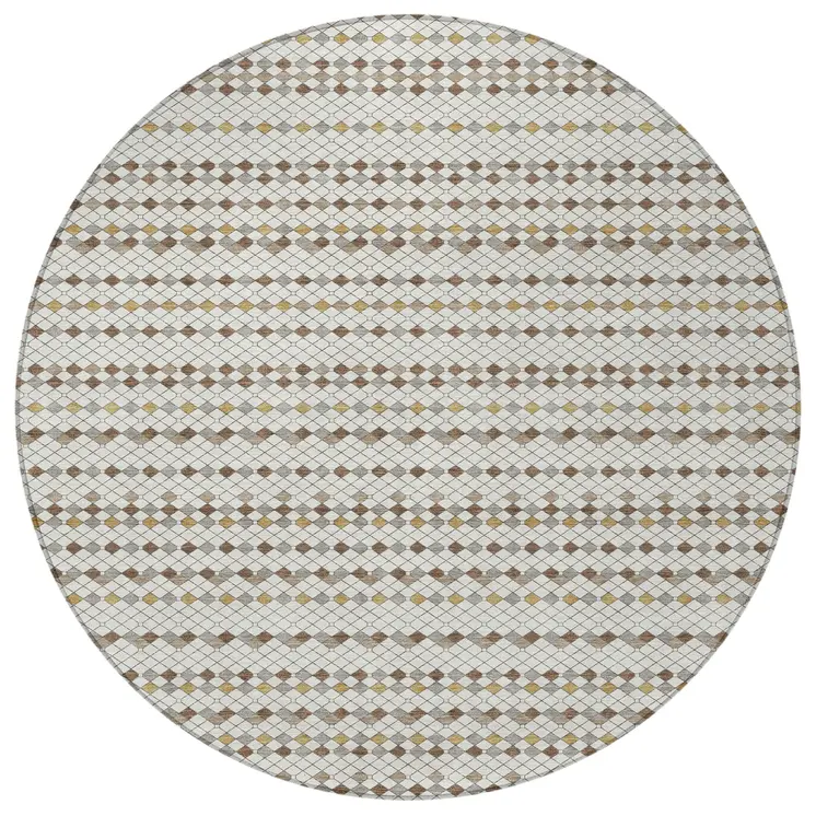 8' Ivory And Brown Round Striped Washable Indoor Outdoor Area Rug