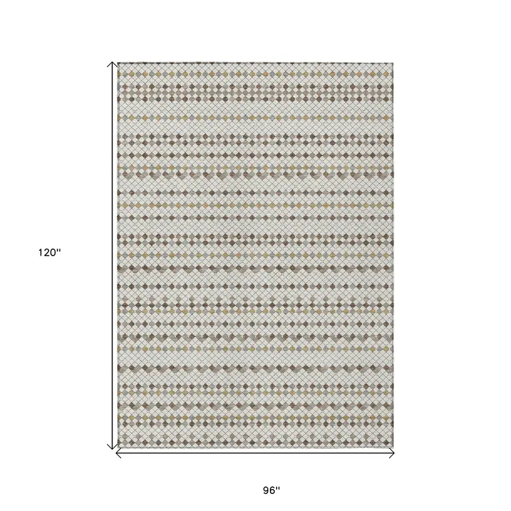 8' X 10' Ivory And Brown Striped Washable Indoor Outdoor Area Rug