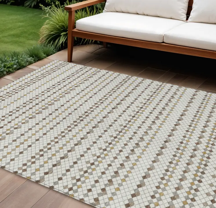 8' X 10' Ivory And Brown Striped Washable Indoor Outdoor Area Rug