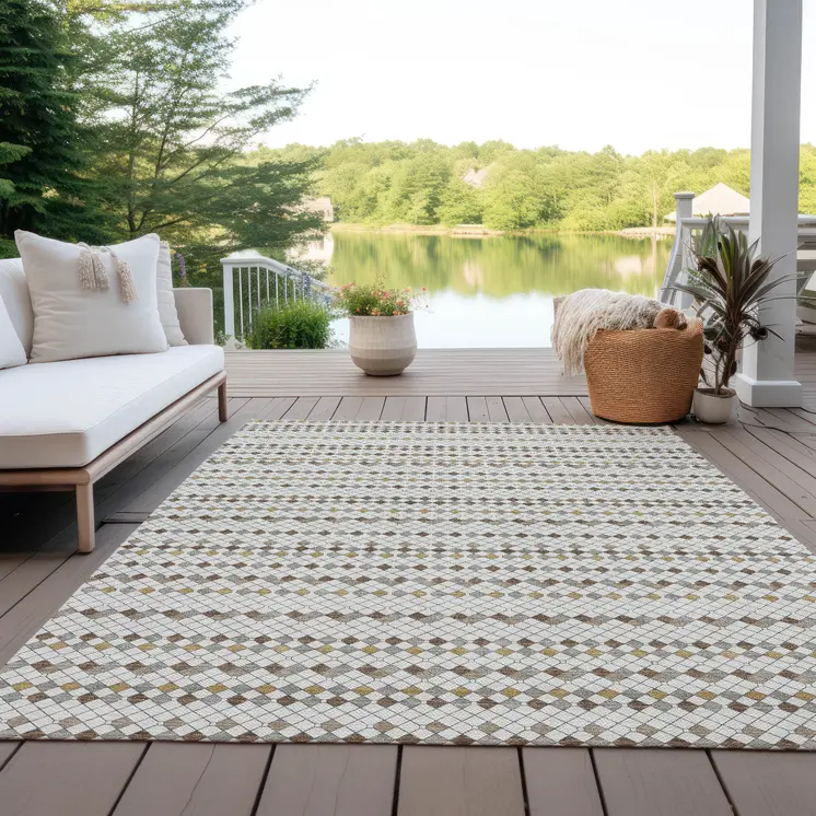 8' X 10' Ivory And Brown Striped Washable Indoor Outdoor Area Rug