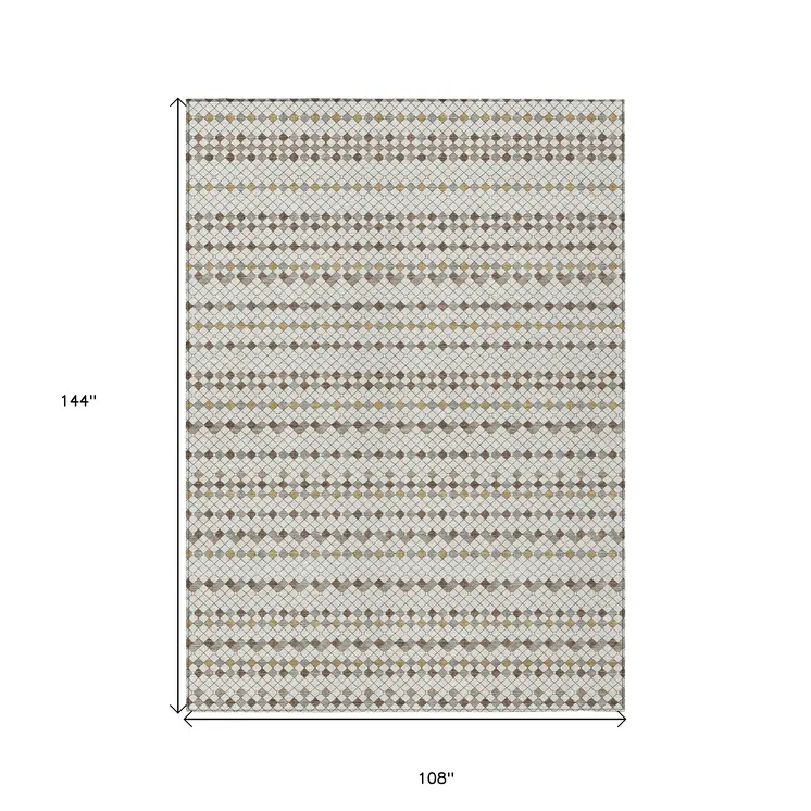9' X 12' Ivory And Brown Striped Washable Indoor Outdoor Area Rug