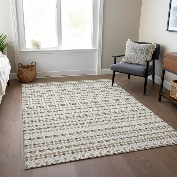 9' X 12' Ivory And Brown Striped Washable Indoor Outdoor Area Rug