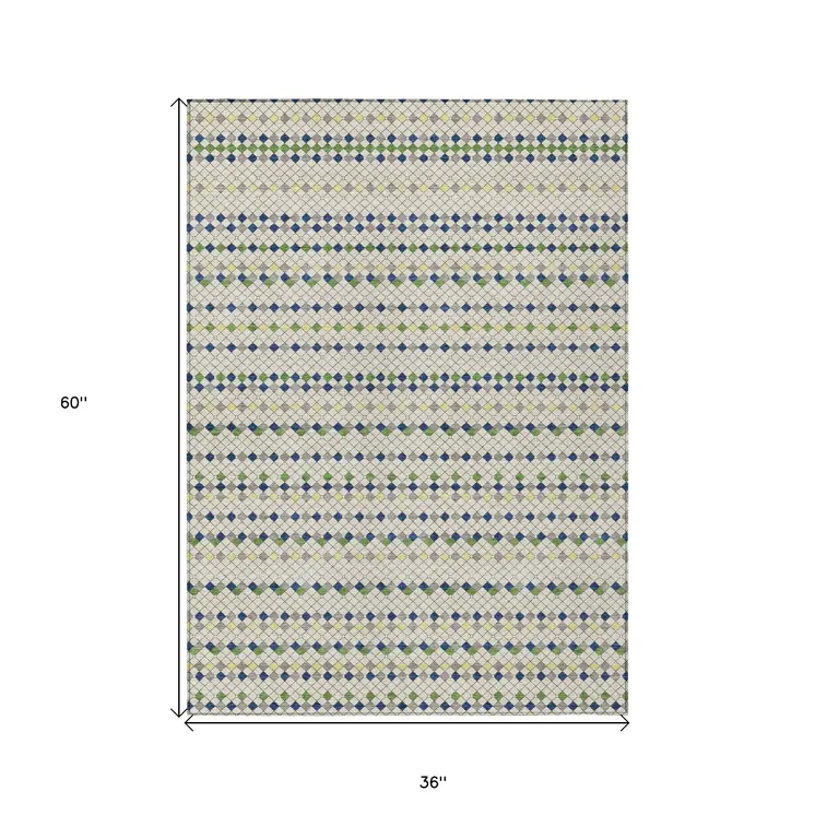 3' X 5' Linen And Lime Green Striped Washable Indoor Outdoor Area Rug