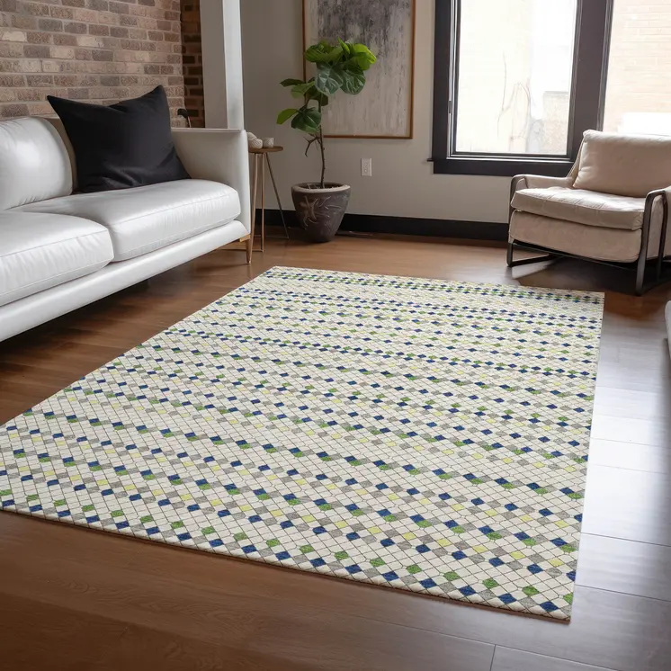 3' X 5' Linen And Lime Green Striped Washable Indoor Outdoor Area Rug