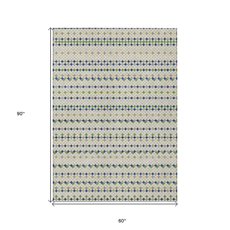 5' X 8' Linen And Lime Green Striped Washable Indoor Outdoor Area Rug