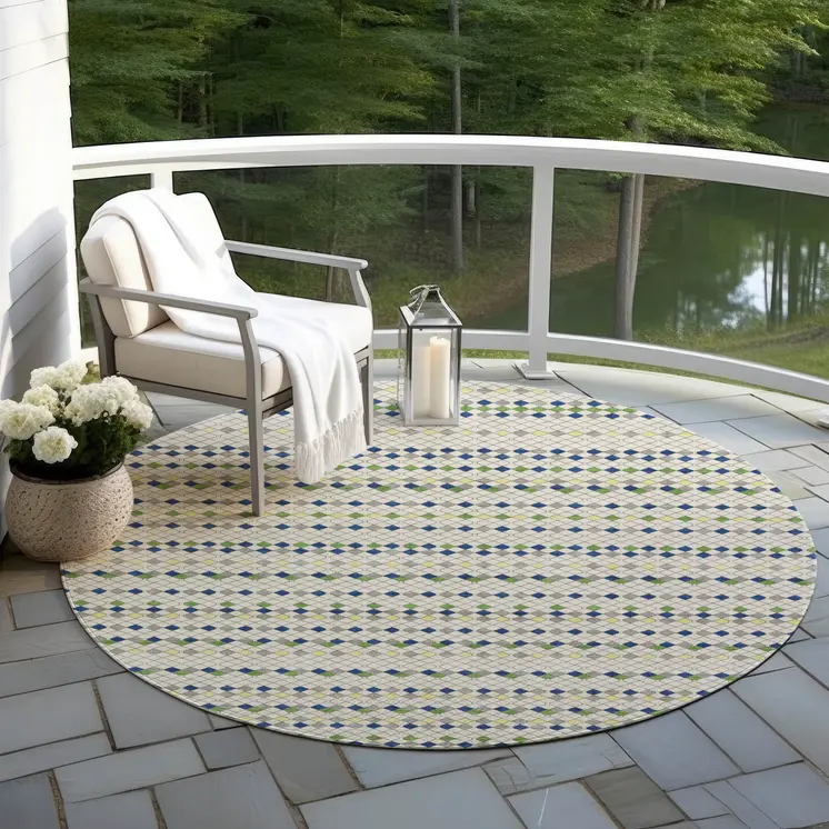 8' Linen And Lime Green Round Striped Washable Indoor Outdoor Area Rug