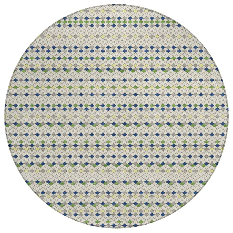 8' Linen And Lime Green Round Striped Washable Indoor Outdoor Area Rug