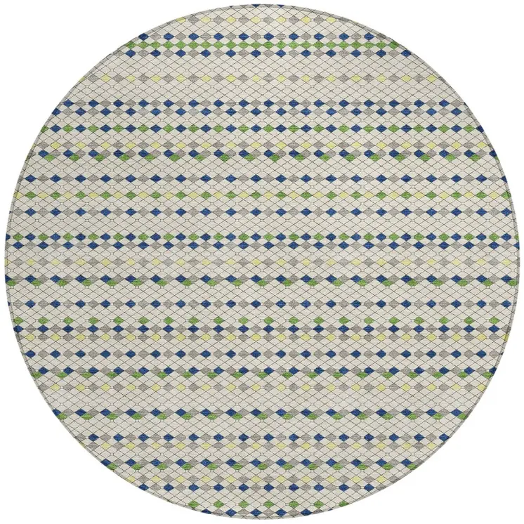 8' Linen And Lime Green Round Striped Washable Indoor Outdoor Area Rug