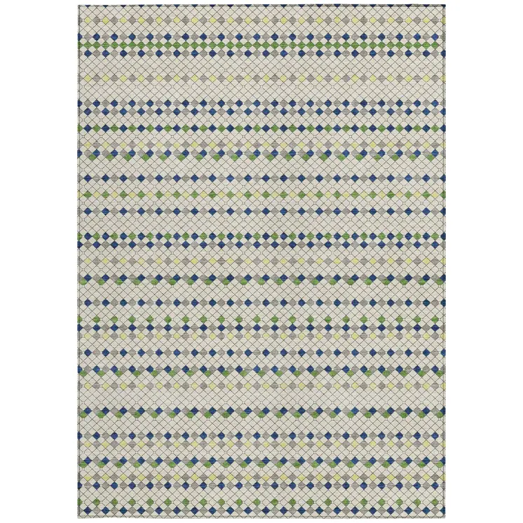 8' X 10' Linen And Lime Green Striped Washable Indoor Outdoor Area Rug