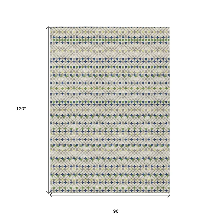 8' X 10' Linen And Lime Green Striped Washable Indoor Outdoor Area Rug