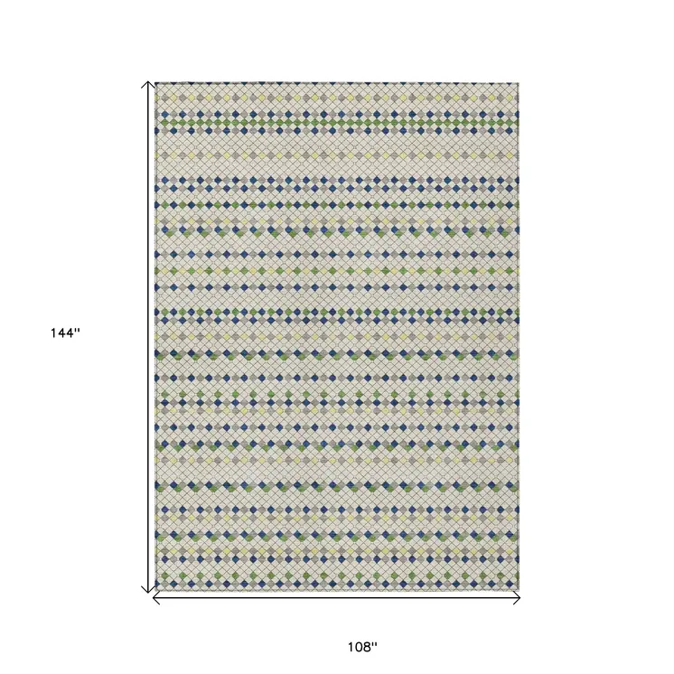 9' X 12' Linen And Lime Green Striped Washable Indoor Outdoor Area Rug