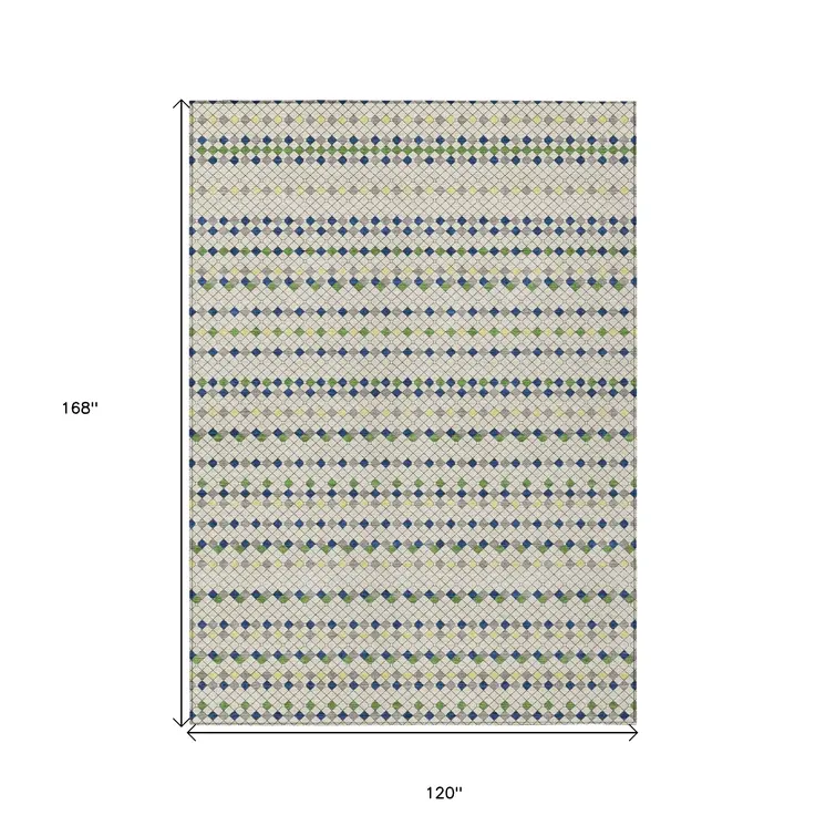 10' X 14' Linen And Lime Green Striped Washable Indoor Outdoor Area Rug
