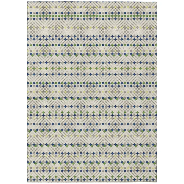 10' X 14' Linen And Lime Green Striped Washable Indoor Outdoor Area Rug