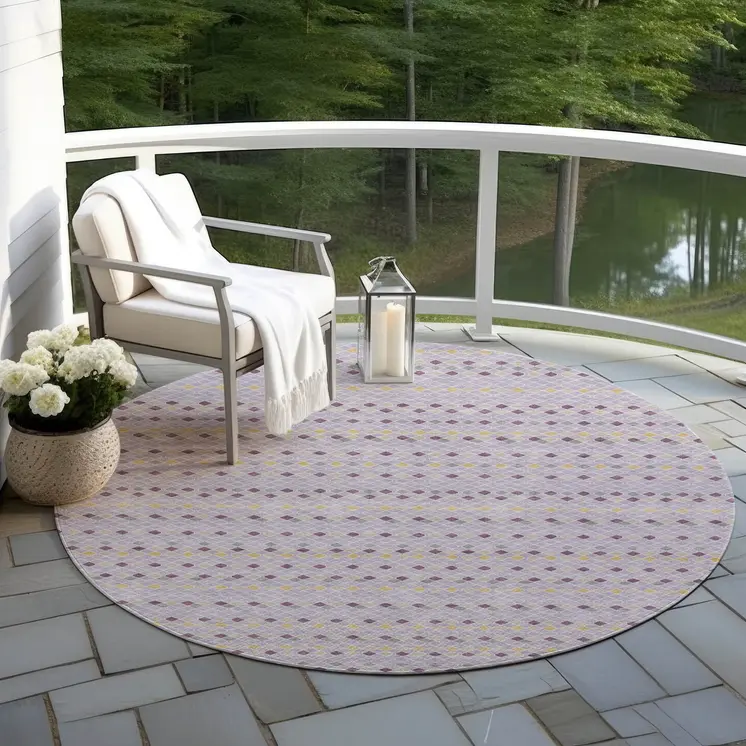 8' Lavender And Ivory Round Striped Washable Indoor Outdoor Area Rug