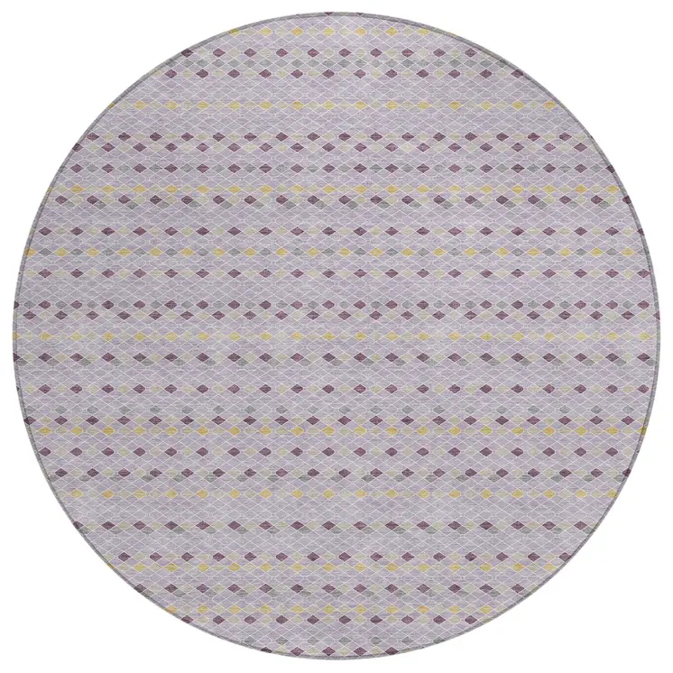 8' Lavender And Ivory Round Striped Washable Indoor Outdoor Area Rug