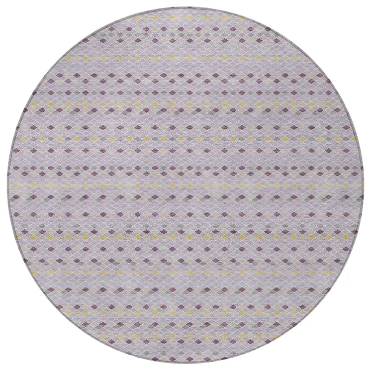 8' Lavender And Ivory Round Striped Washable Indoor Outdoor Area Rug