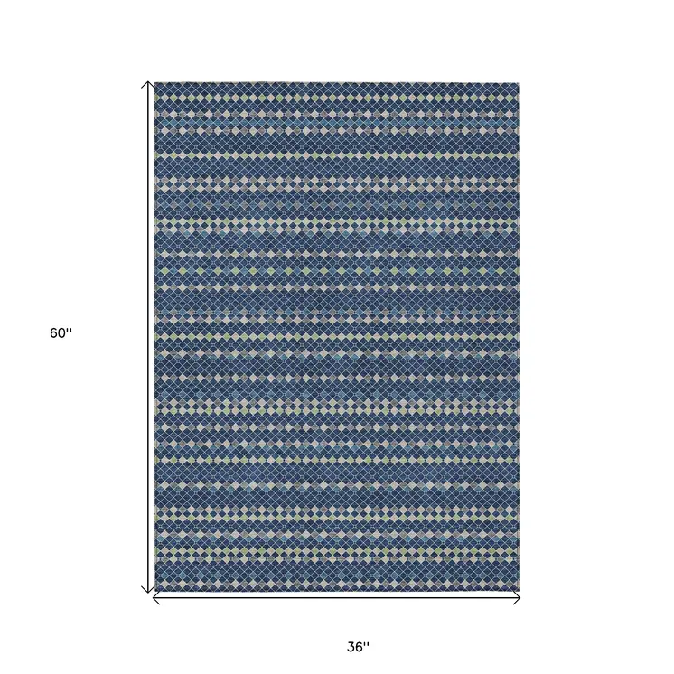 3' X 5' Navy Blue And Mint Green Striped Washable Indoor Outdoor Area Rug