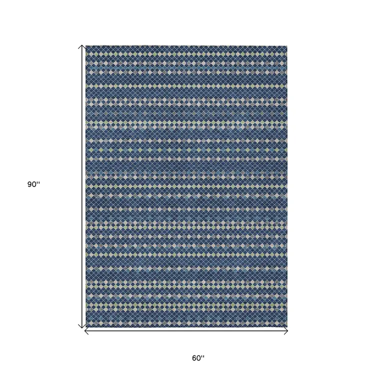 5' X 8' Navy Blue And Mint Green Striped Washable Indoor Outdoor Area Rug