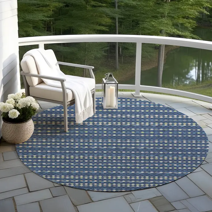 8' Navy Blue And Mint Green Round Striped Washable Indoor Outdoor Area Rug