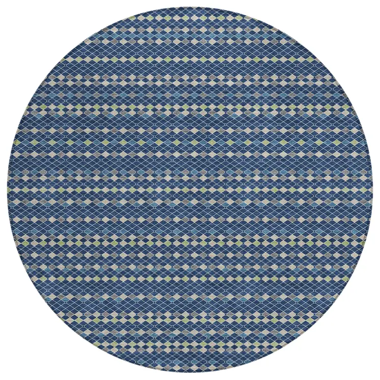 8' Navy Blue And Mint Green Round Striped Washable Indoor Outdoor Area Rug