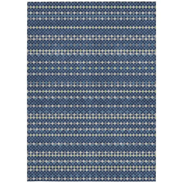 8' X 10' Navy Blue And Mint Green Striped Washable Indoor Outdoor Area Rug
