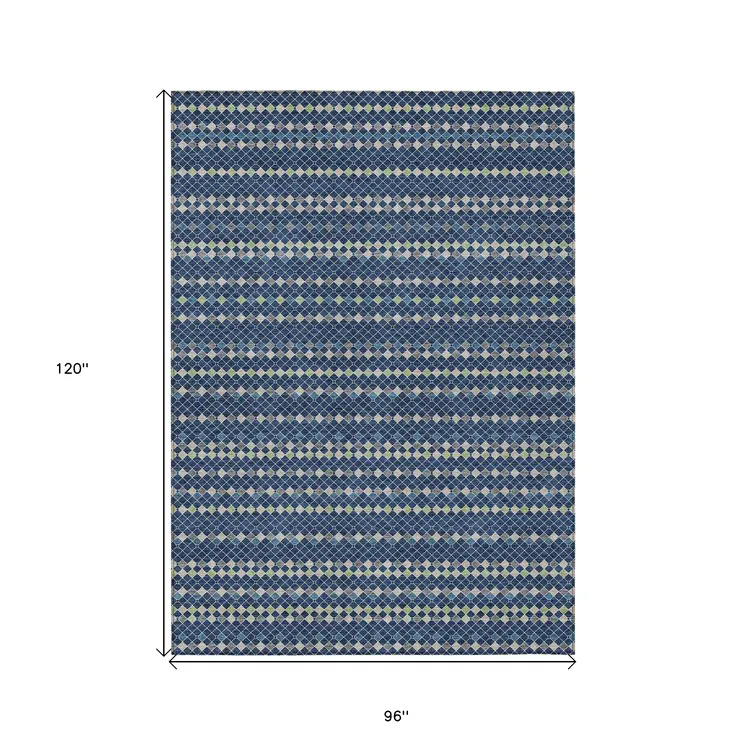 8' X 10' Navy Blue And Mint Green Striped Washable Indoor Outdoor Area Rug