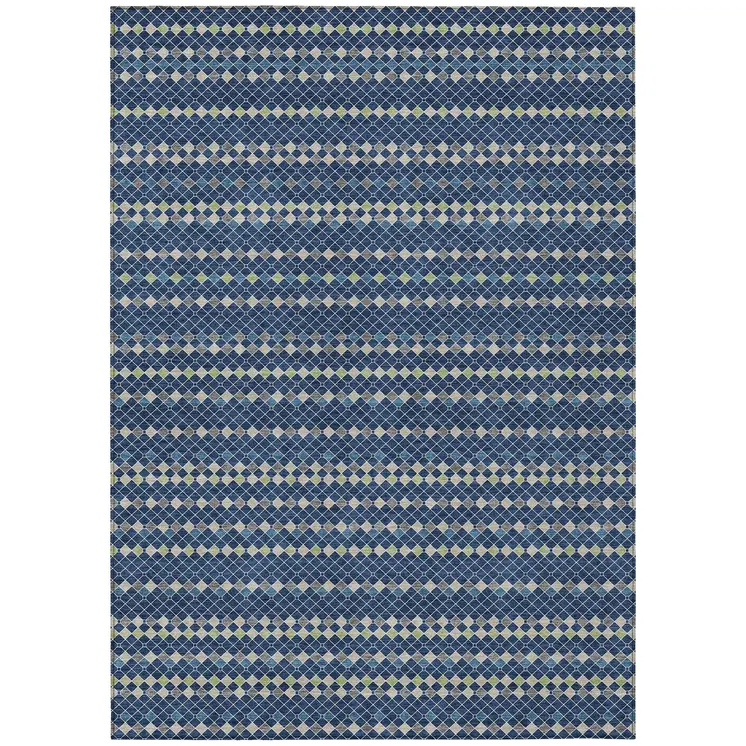 8' X 10' Navy Blue And Mint Green Striped Washable Indoor Outdoor Area Rug