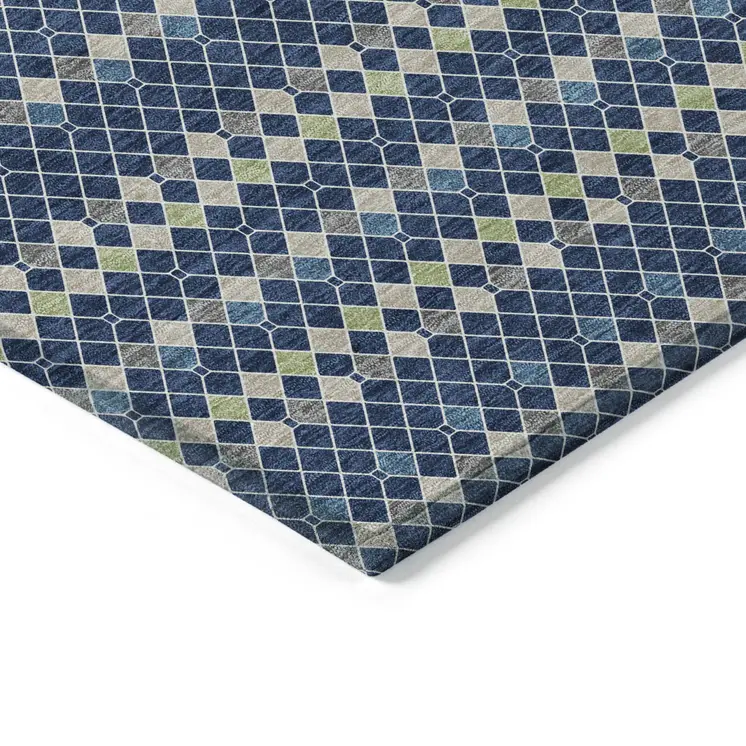 8' X 10' Navy Blue And Mint Green Striped Washable Indoor Outdoor Area Rug