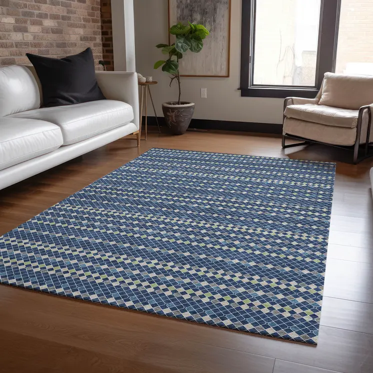 8' X 10' Navy Blue And Mint Green Striped Washable Indoor Outdoor Area Rug