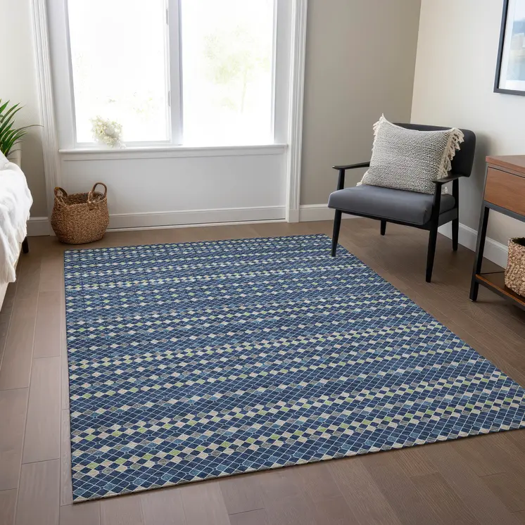 8' X 10' Navy Blue And Mint Green Striped Washable Indoor Outdoor Area Rug