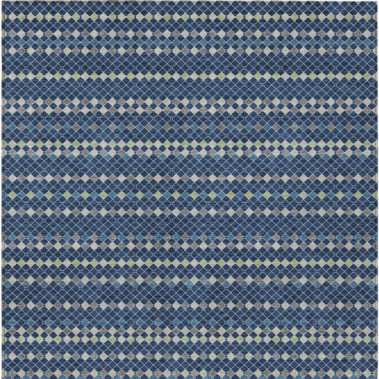 9' X 12' Navy Blue And Mint Green Striped Washable Indoor Outdoor Area Rug