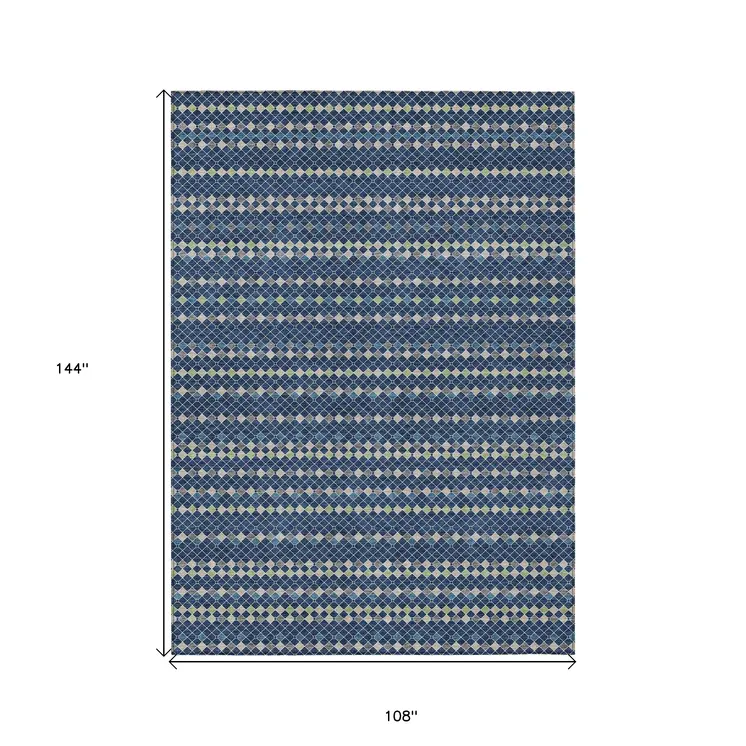 9' X 12' Navy Blue And Mint Green Striped Washable Indoor Outdoor Area Rug