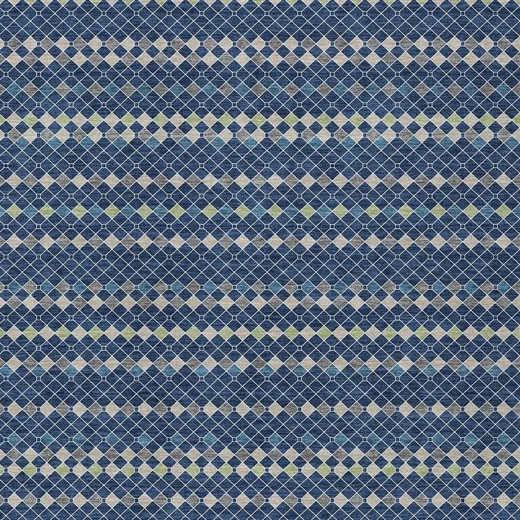 9' X 12' Navy Blue And Mint Green Striped Washable Indoor Outdoor Area Rug