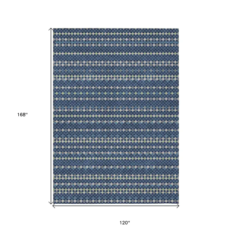 10' X 14' Navy Blue And Mint Green Striped Washable Indoor Outdoor Area Rug