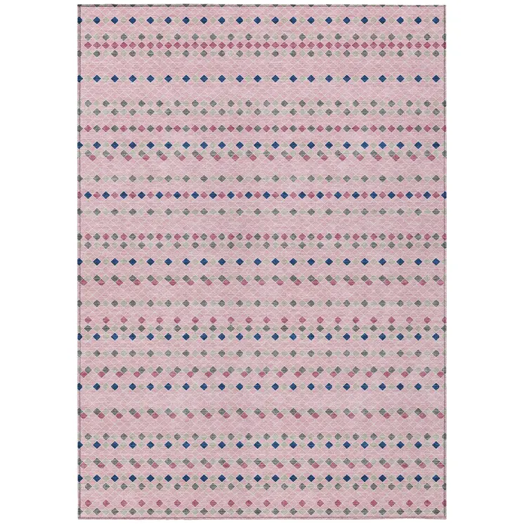 3' X 5' Pink And Ivory Striped Washable Indoor Outdoor Area Rug